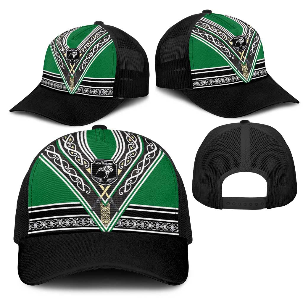 New Zealand Maori Rugby Mesh Trucker Cap Aotearoa Koru Geometric - Naturalistic Green