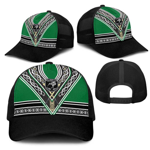 New Zealand Maori Rugby Mesh Trucker Cap Aotearoa Koru Geometric - Naturalistic Green