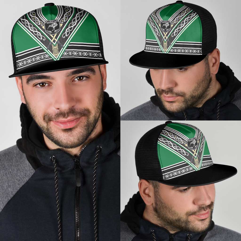 New Zealand Maori Rugby Mesh Trucker Cap Aotearoa Koru Geometric - Naturalistic Green