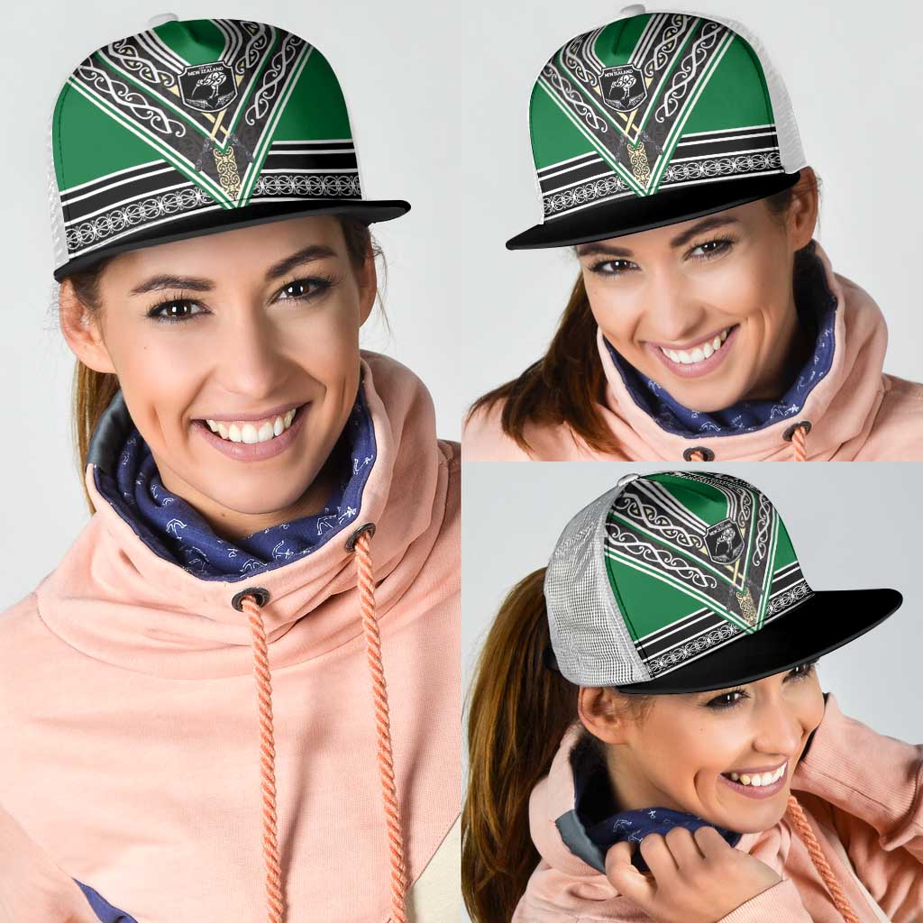 New Zealand Maori Rugby Mesh Trucker Cap Aotearoa Koru Geometric - Naturalistic Green