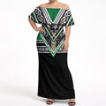 New Zealand Maori Rugby Custom Off Shoulder Maxi Dress Aotearoa Koru Geometric - Naturalistic Green