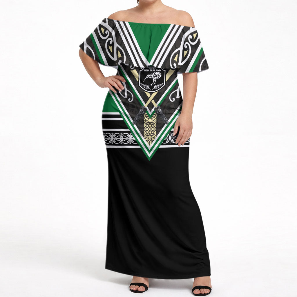 New Zealand Maori Rugby Custom Off Shoulder Maxi Dress Aotearoa Koru Geometric - Naturalistic Green