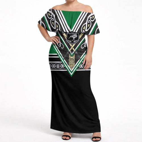 New Zealand Maori Rugby Custom Off Shoulder Maxi Dress Aotearoa Koru Geometric - Naturalistic Green