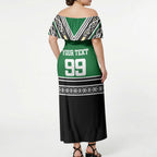 New Zealand Maori Rugby Custom Off Shoulder Maxi Dress Aotearoa Koru Geometric - Naturalistic Green