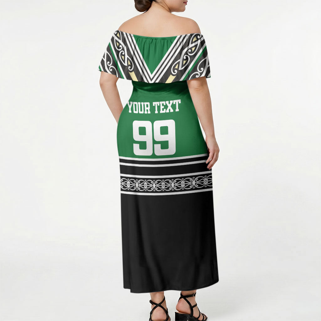 New Zealand Maori Rugby Custom Off Shoulder Maxi Dress Aotearoa Koru Geometric - Naturalistic Green