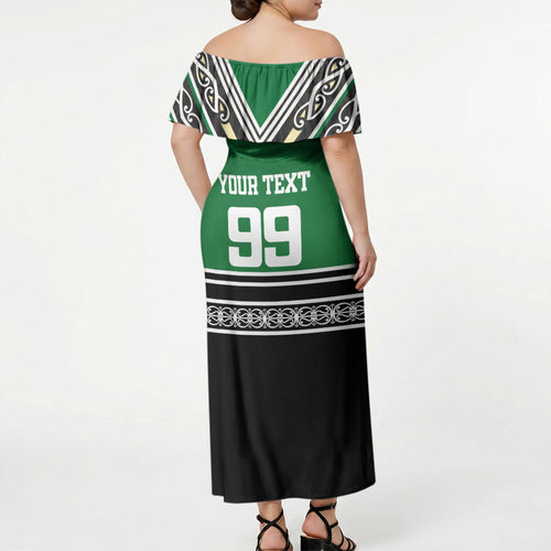 New Zealand Maori Rugby Custom Off Shoulder Maxi Dress Aotearoa Koru Geometric - Naturalistic Green