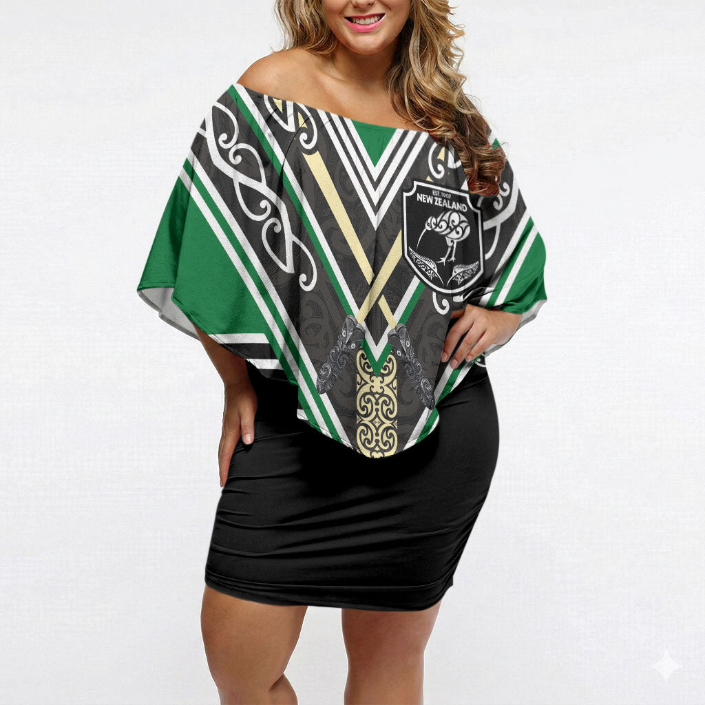 New Zealand Maori Rugby Custom Off Shoulder Short Dress Aotearoa Koru Geometric - Naturalistic Green