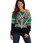 New Zealand Maori Rugby Custom Off Shoulder Sweater Aotearoa Koru Geometric - Naturalistic Green