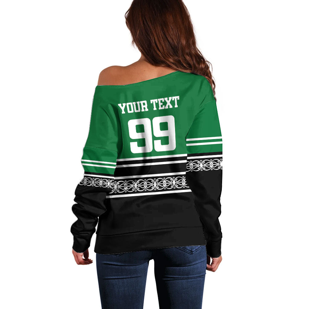 New Zealand Maori Rugby Custom Off Shoulder Sweater Aotearoa Koru Geometric - Naturalistic Green