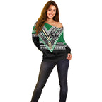 New Zealand Maori Rugby Custom Off Shoulder Sweater Aotearoa Koru Geometric - Naturalistic Green