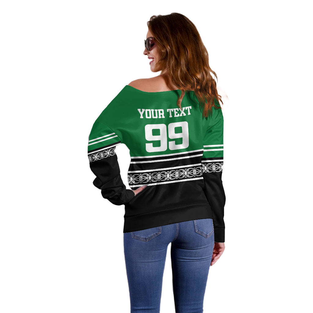 New Zealand Maori Rugby Custom Off Shoulder Sweater Aotearoa Koru Geometric - Naturalistic Green