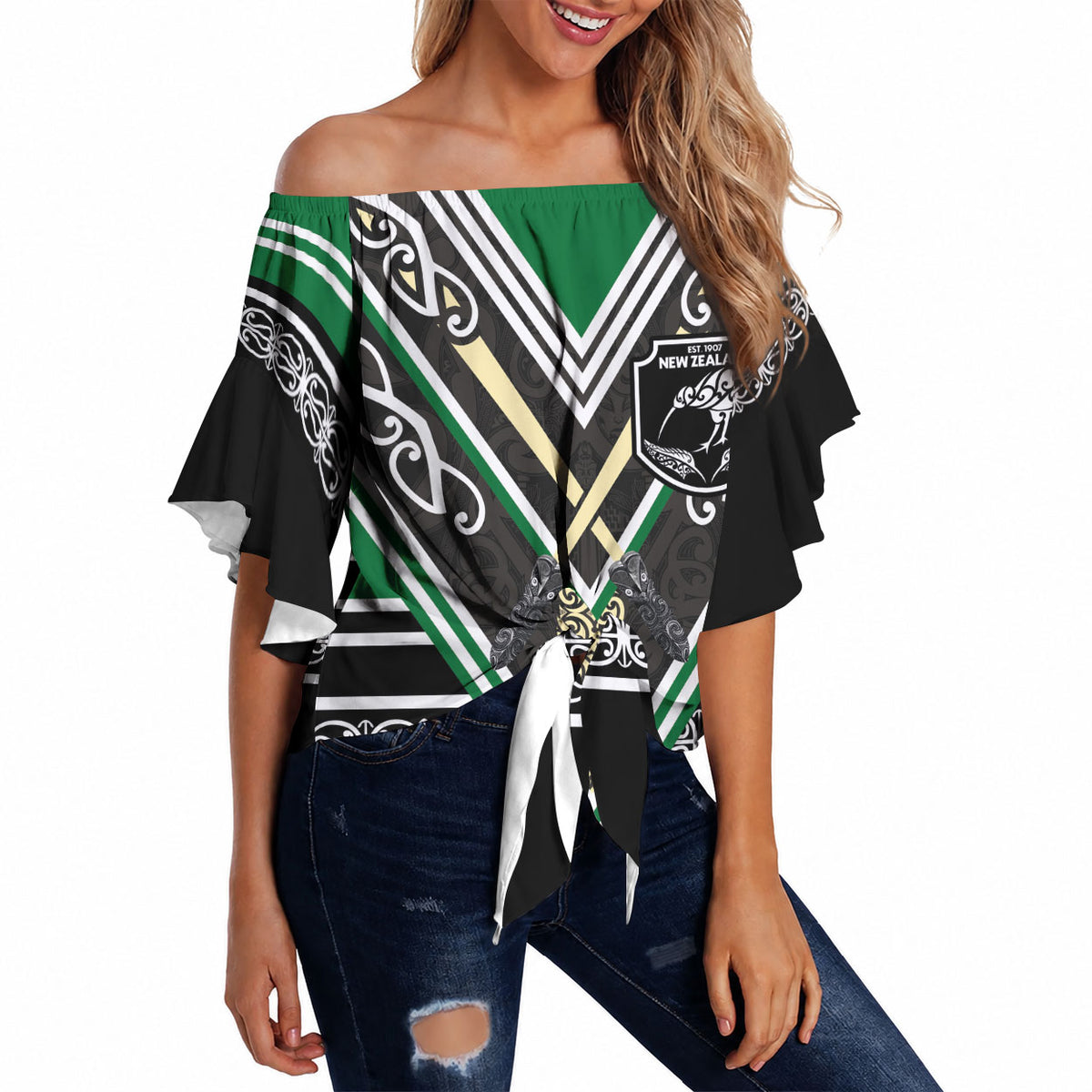 New Zealand Maori Rugby Custom Off Shoulder Wrap Waist Top Aotearoa Koru Geometric - Naturalistic Green