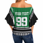 New Zealand Maori Rugby Custom Off Shoulder Wrap Waist Top Aotearoa Koru Geometric - Naturalistic Green