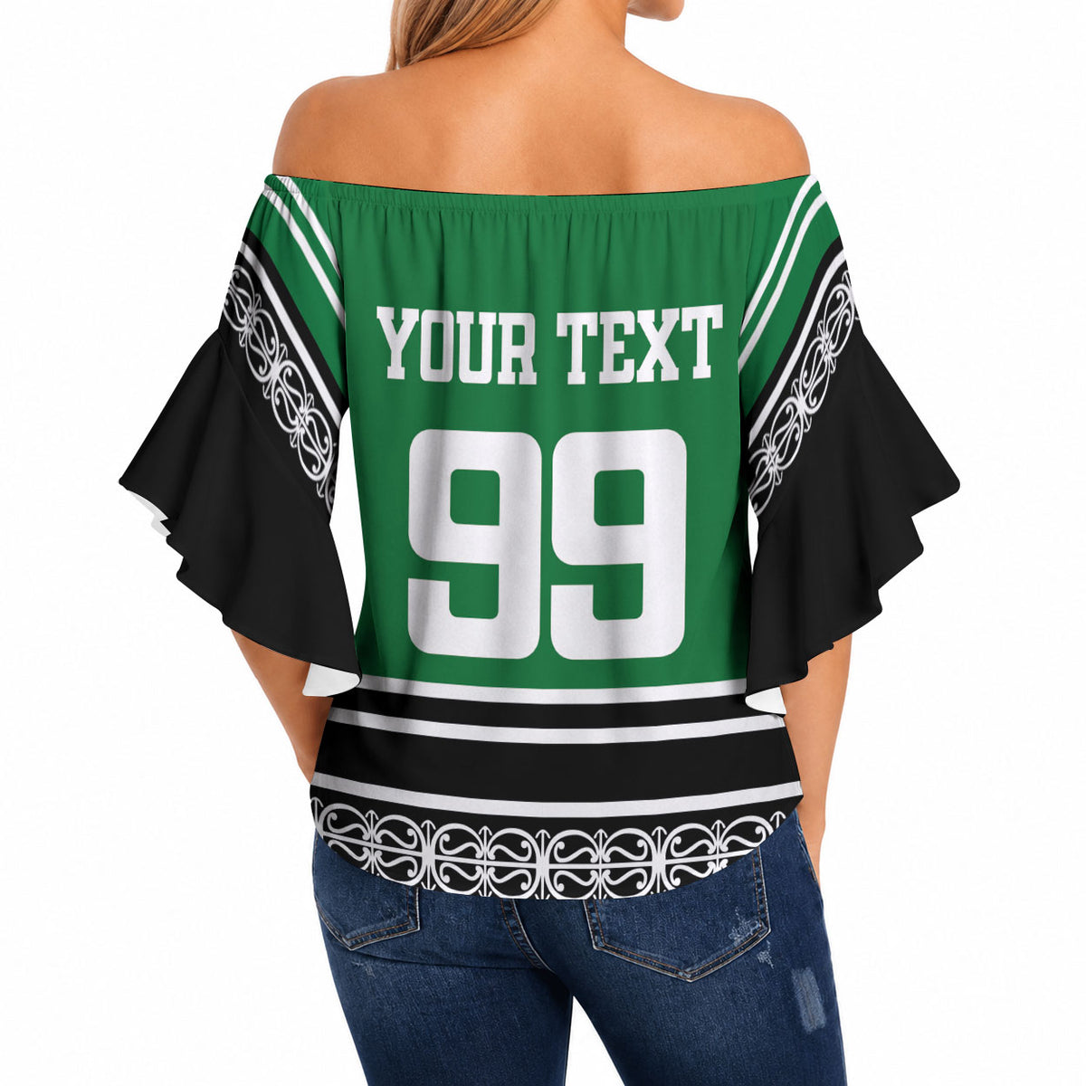 New Zealand Maori Rugby Custom Off Shoulder Wrap Waist Top Aotearoa Koru Geometric - Naturalistic Green