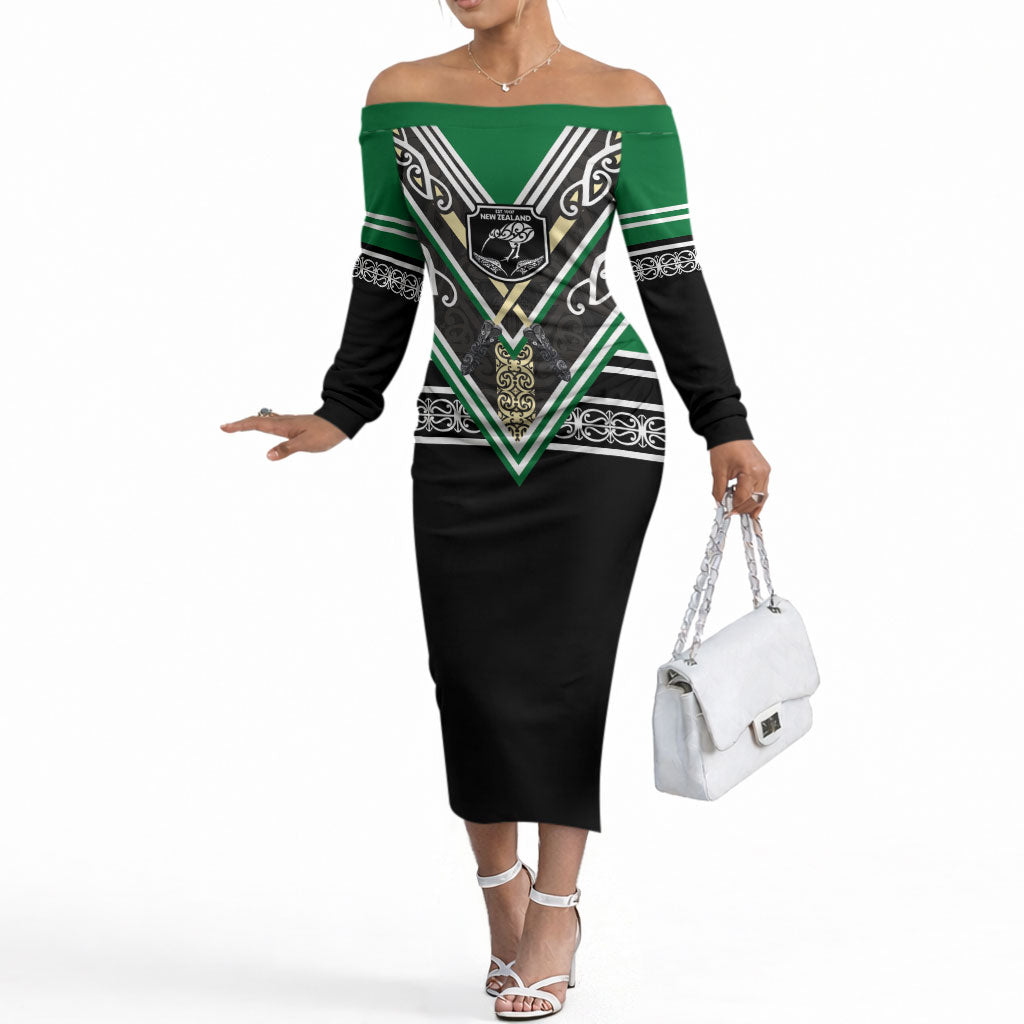 New Zealand Maori Rugby Custom Off The Shoulder Long Sleeve Dress Aotearoa Koru Geometric - Naturalistic Green