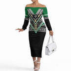 New Zealand Maori Rugby Custom Off The Shoulder Long Sleeve Dress Aotearoa Koru Geometric - Naturalistic Green