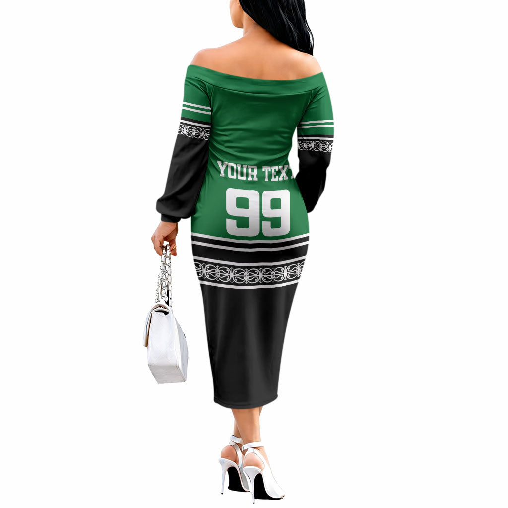 New Zealand Maori Rugby Custom Off The Shoulder Long Sleeve Dress Aotearoa Koru Geometric - Naturalistic Green