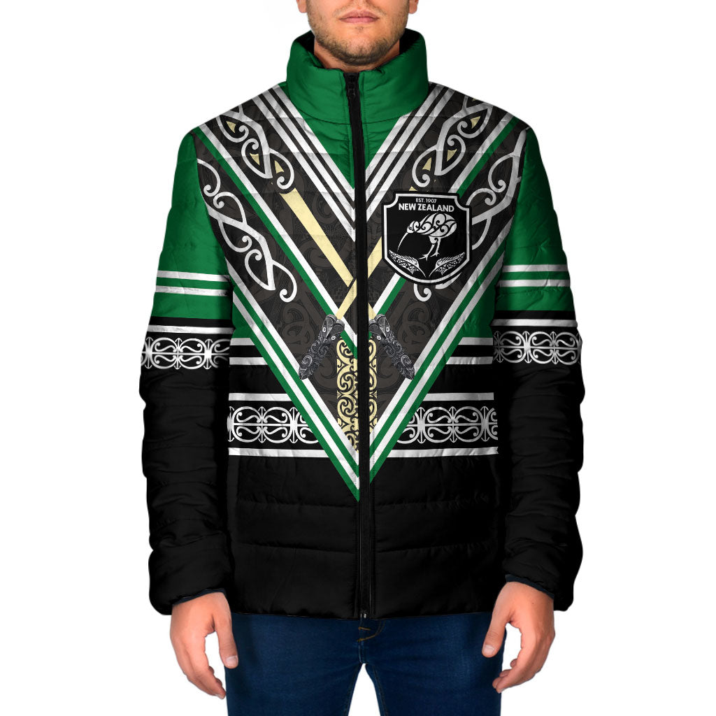 New Zealand Maori Rugby Custom Padded Jacket Aotearoa Koru Geometric - Naturalistic Green