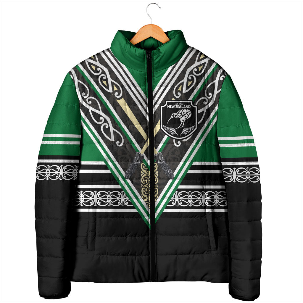 New Zealand Maori Rugby Custom Padded Jacket Aotearoa Koru Geometric - Naturalistic Green