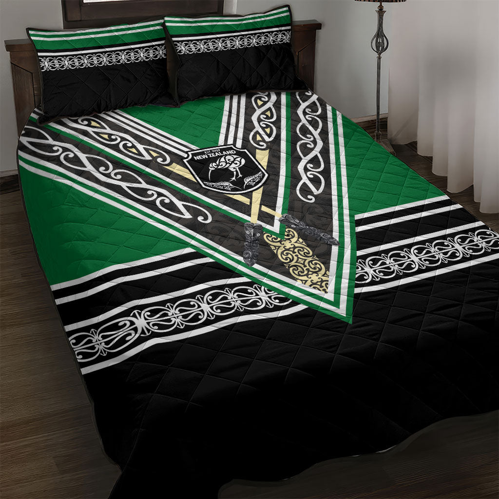 New Zealand Maori Rugby Quilt Bed Set Aotearoa Koru Geometric - Naturalistic Green