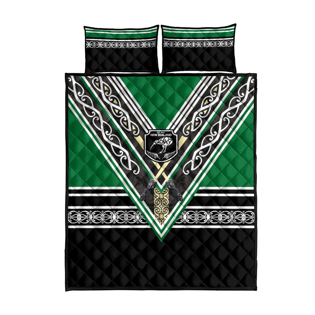 New Zealand Maori Rugby Quilt Bed Set Aotearoa Koru Geometric - Naturalistic Green