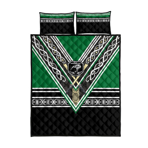 New Zealand Maori Rugby Quilt Bed Set Aotearoa Koru Geometric - Naturalistic Green