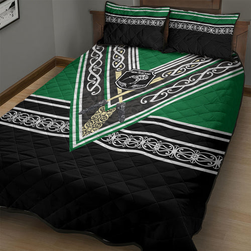 New Zealand Maori Rugby Quilt Bed Set Aotearoa Koru Geometric - Naturalistic Green