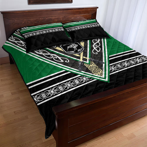 New Zealand Maori Rugby Quilt Bed Set Aotearoa Koru Geometric - Naturalistic Green