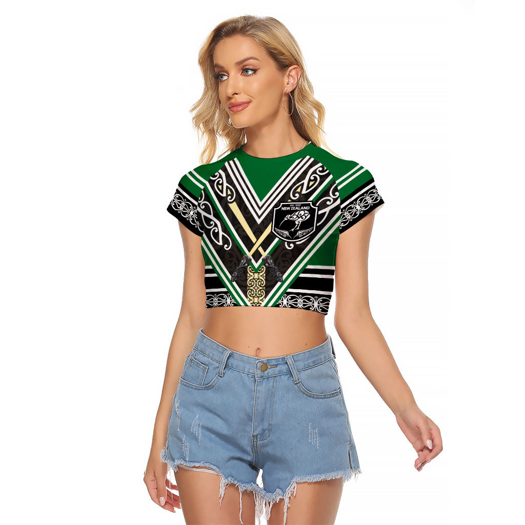 New Zealand Maori Rugby Custom Raglan Cropped T Shirt Aotearoa Koru Geometric - Naturalistic Green