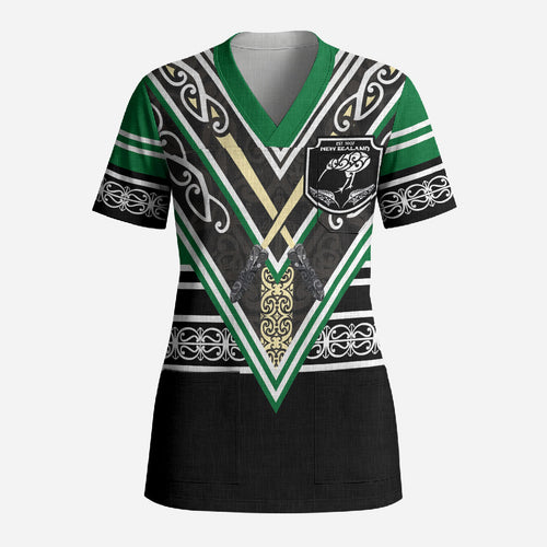 New Zealand Maori Rugby Custom Scrub Top Aotearoa Koru Geometric - Naturalistic Green