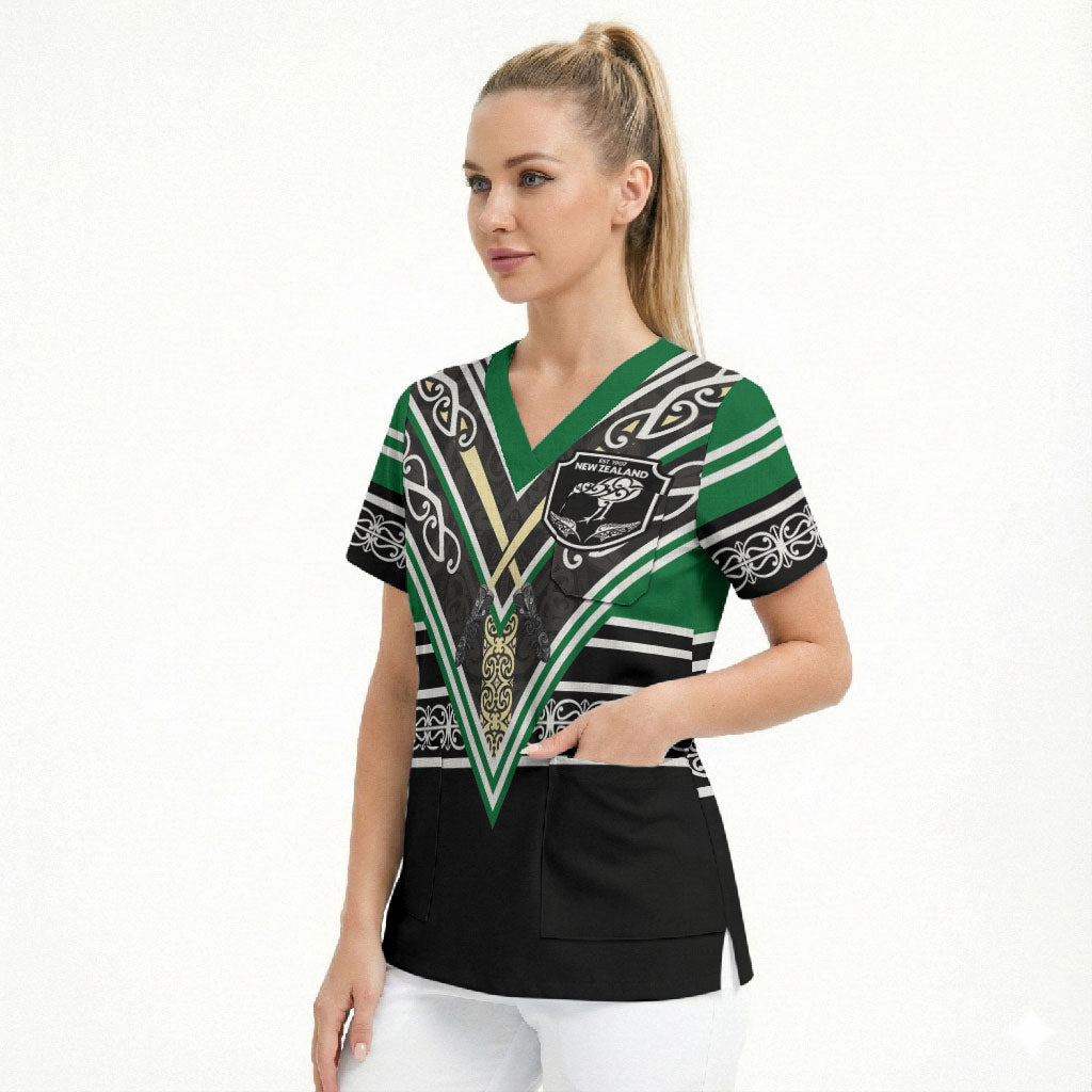 New Zealand Maori Rugby Custom Scrub Top Aotearoa Koru Geometric - Naturalistic Green