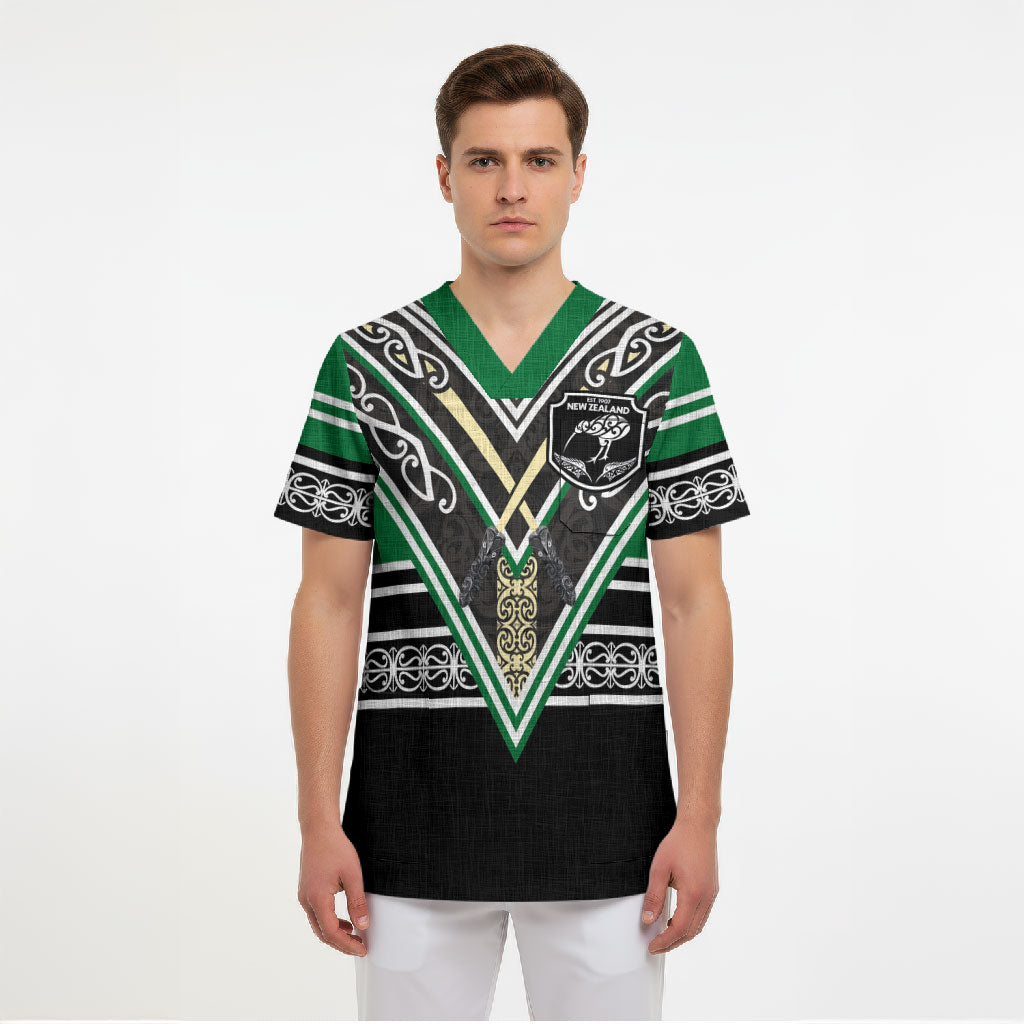New Zealand Maori Rugby Custom Scrub Top Aotearoa Koru Geometric - Naturalistic Green