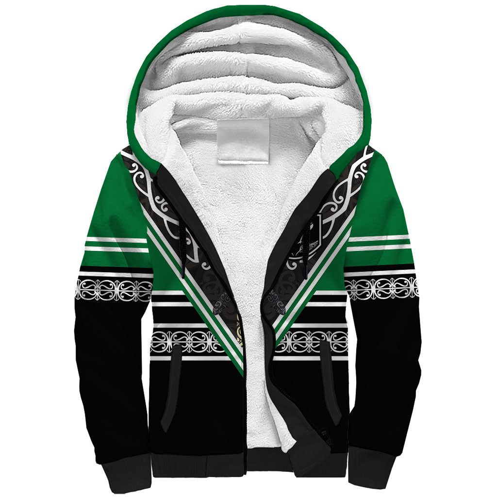 New Zealand Maori Rugby Custom Sherpa Hoodie Aotearoa Koru Geometric - Naturalistic Green