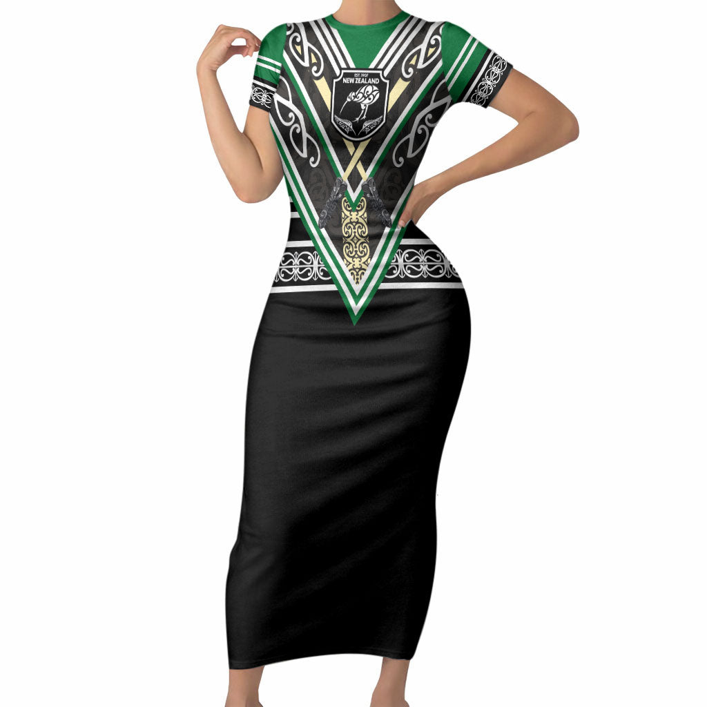 New Zealand Maori Rugby Custom Short Sleeve Bodycon Dress Aotearoa Koru Geometric - Naturalistic Green