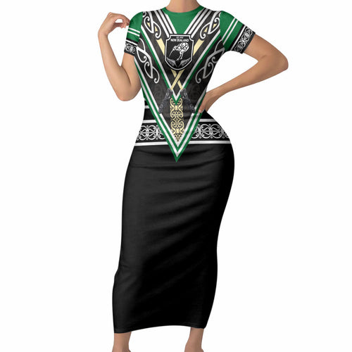 New Zealand Maori Rugby Custom Short Sleeve Bodycon Dress Aotearoa Koru Geometric - Naturalistic Green