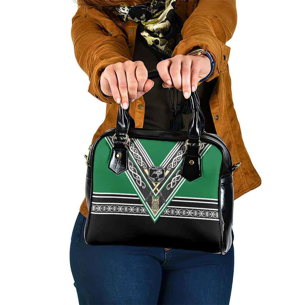 New Zealand Maori Rugby Shoulder Handbag Aotearoa Koru Geometric - Naturalistic Green