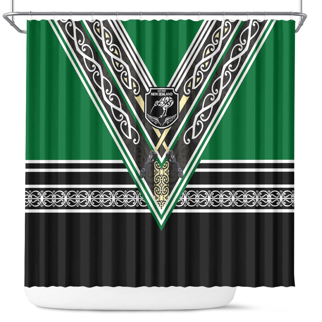 New Zealand Maori Rugby Shower Curtain Aotearoa Koru Geometric - Naturalistic Green