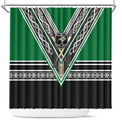 New Zealand Maori Rugby Shower Curtain Aotearoa Koru Geometric - Naturalistic Green