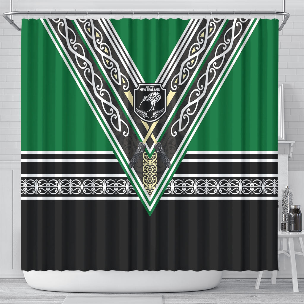 New Zealand Maori Rugby Shower Curtain Aotearoa Koru Geometric - Naturalistic Green