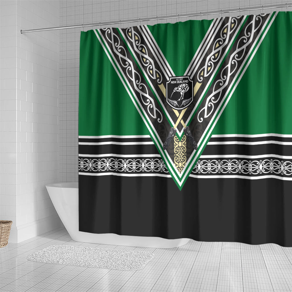 New Zealand Maori Rugby Shower Curtain Aotearoa Koru Geometric - Naturalistic Green