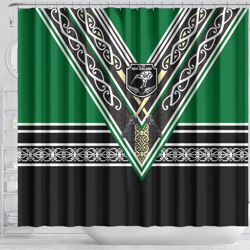 New Zealand Maori Rugby Shower Curtain Aotearoa Koru Geometric - Naturalistic Green