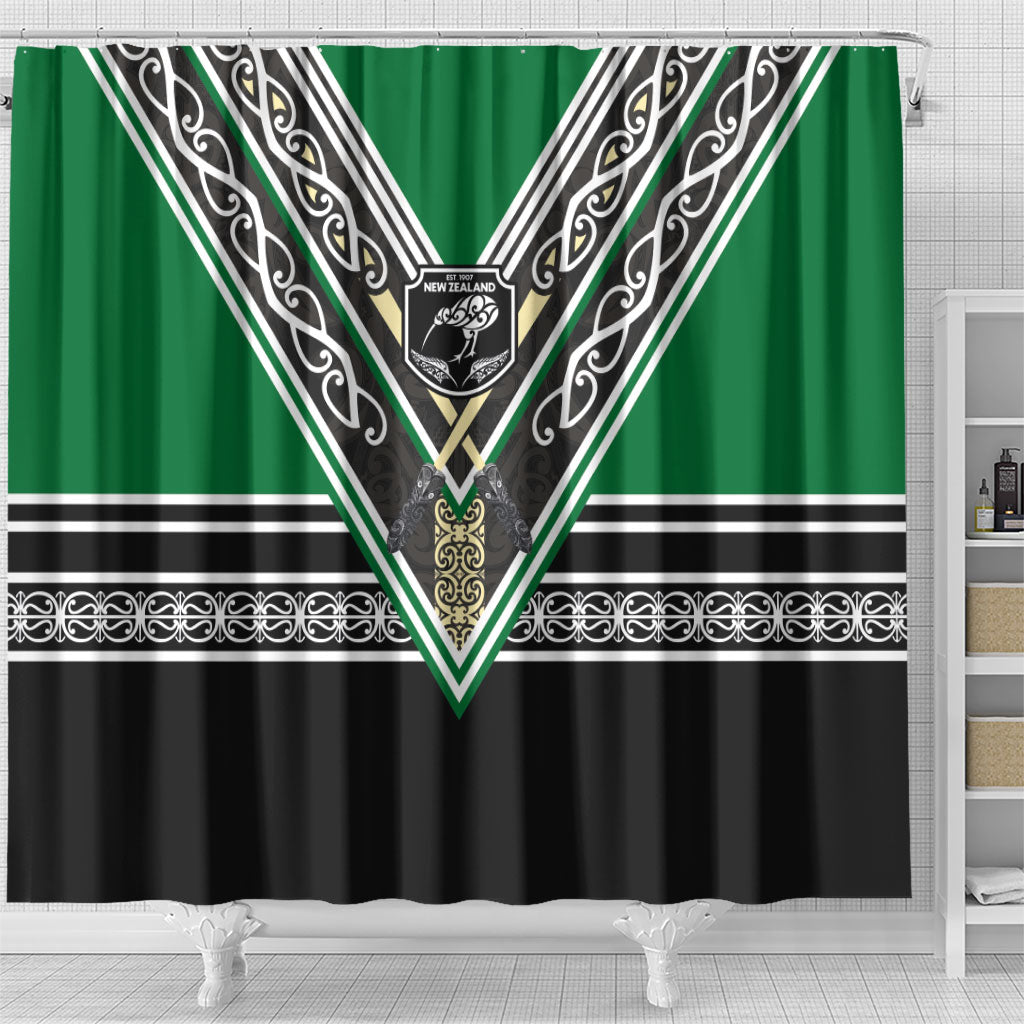 New Zealand Maori Rugby Shower Curtain Aotearoa Koru Geometric - Naturalistic Green