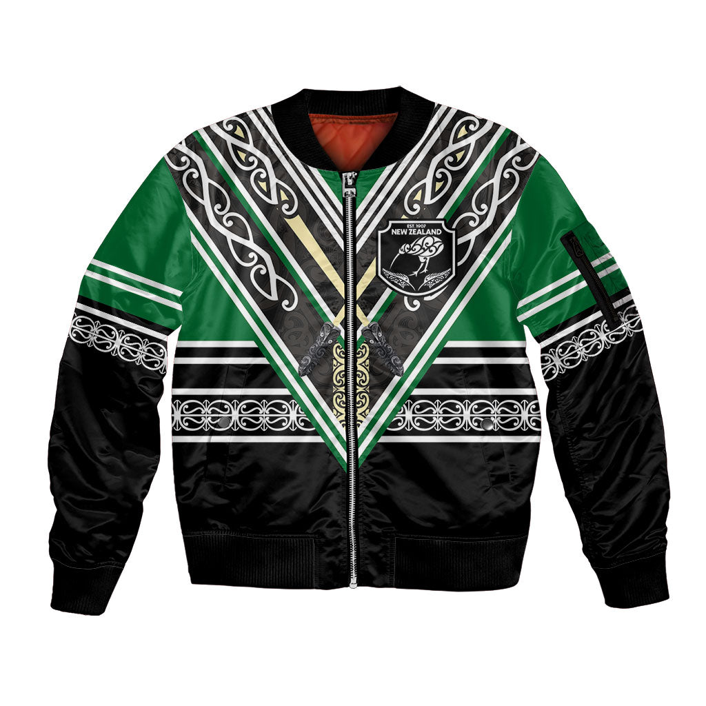 New Zealand Maori Rugby Custom Sleeve Zip Bomber Jacket Aotearoa Koru Geometric - Naturalistic Green