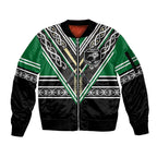New Zealand Maori Rugby Custom Sleeve Zip Bomber Jacket Aotearoa Koru Geometric - Naturalistic Green