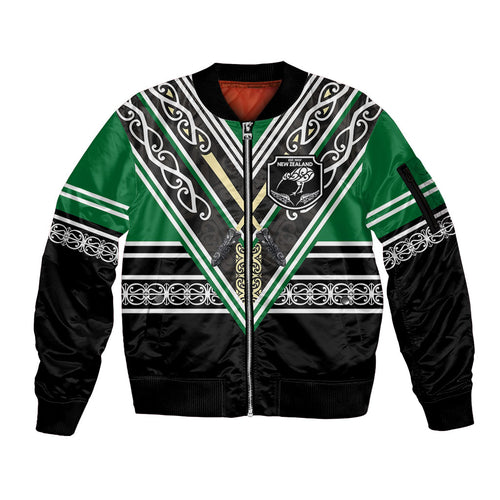 New Zealand Maori Rugby Custom Sleeve Zip Bomber Jacket Aotearoa Koru Geometric - Naturalistic Green
