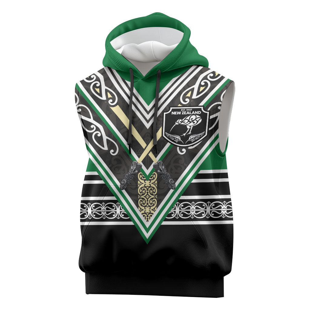 New Zealand Maori Rugby Custom Sleeveless Hoodie Aotearoa Koru Geometric - Naturalistic Green