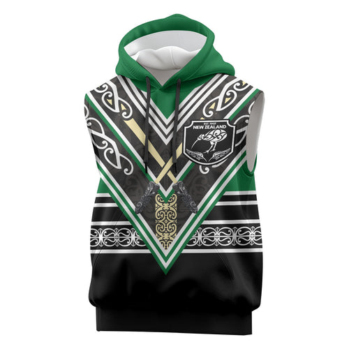 New Zealand Maori Rugby Custom Sleeveless Hoodie Aotearoa Koru Geometric - Naturalistic Green