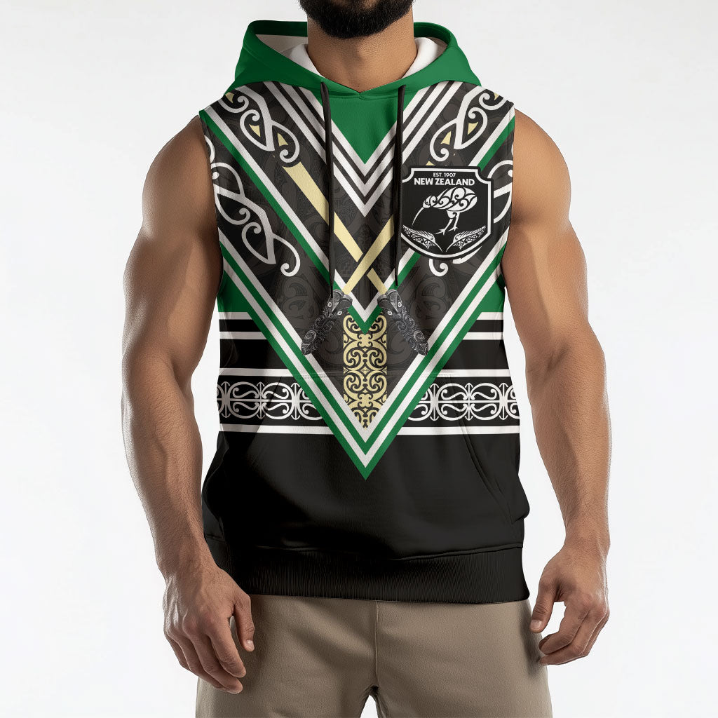 New Zealand Maori Rugby Custom Sleeveless Hoodie Aotearoa Koru Geometric - Naturalistic Green