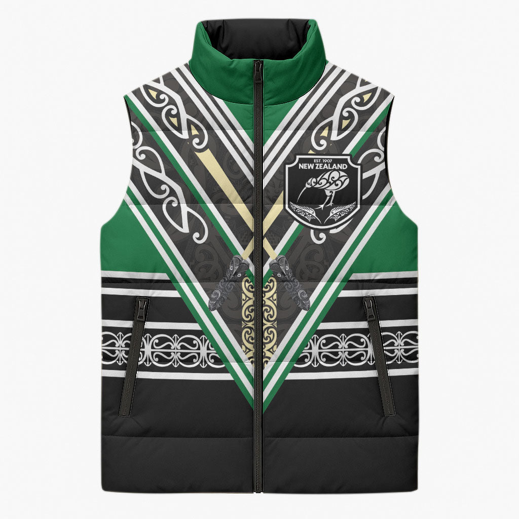 New Zealand Maori Rugby Custom Sleeveless Puffer Jacket Aotearoa Koru Geometric - Naturalistic Green