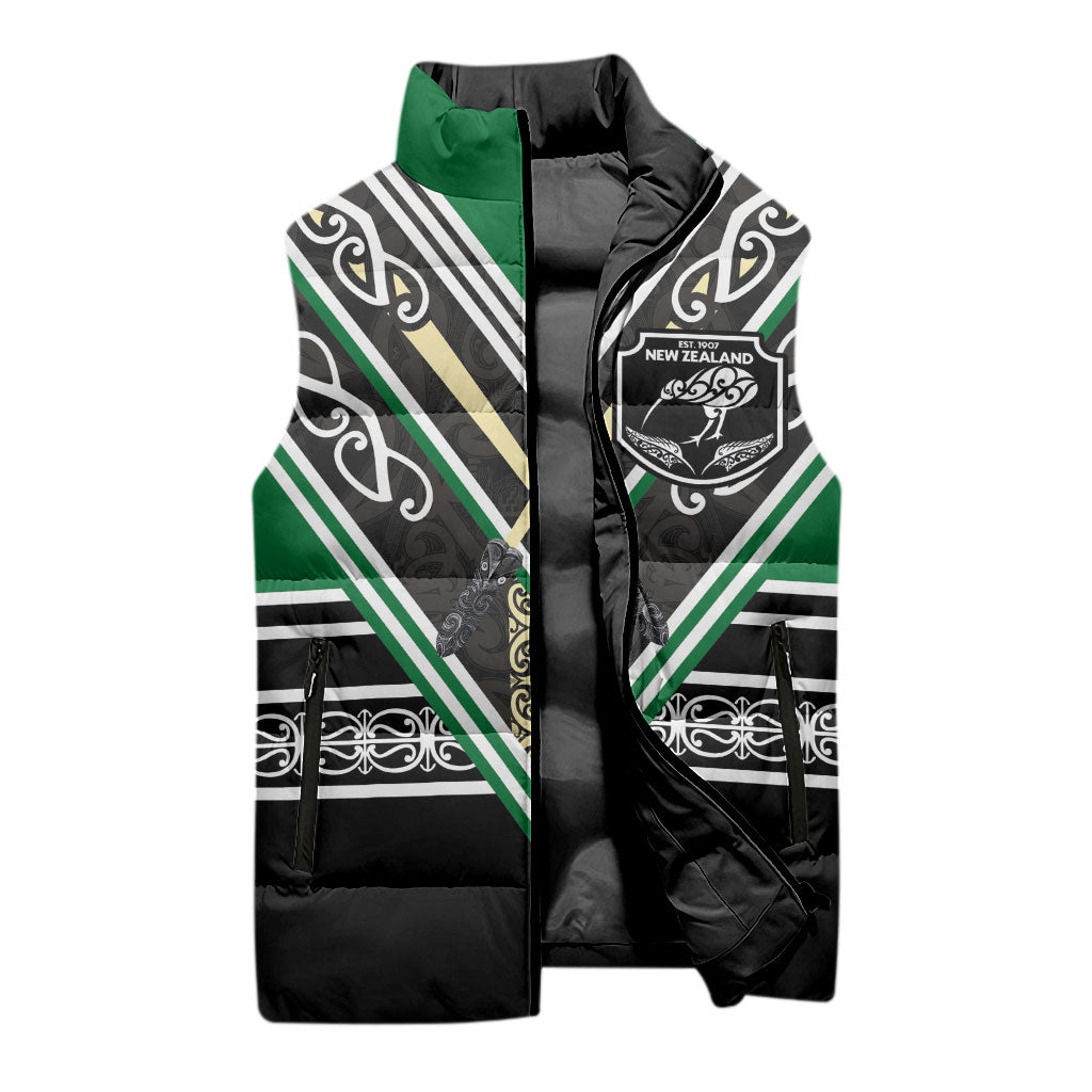 New Zealand Maori Rugby Custom Sleeveless Puffer Jacket Aotearoa Koru Geometric - Naturalistic Green